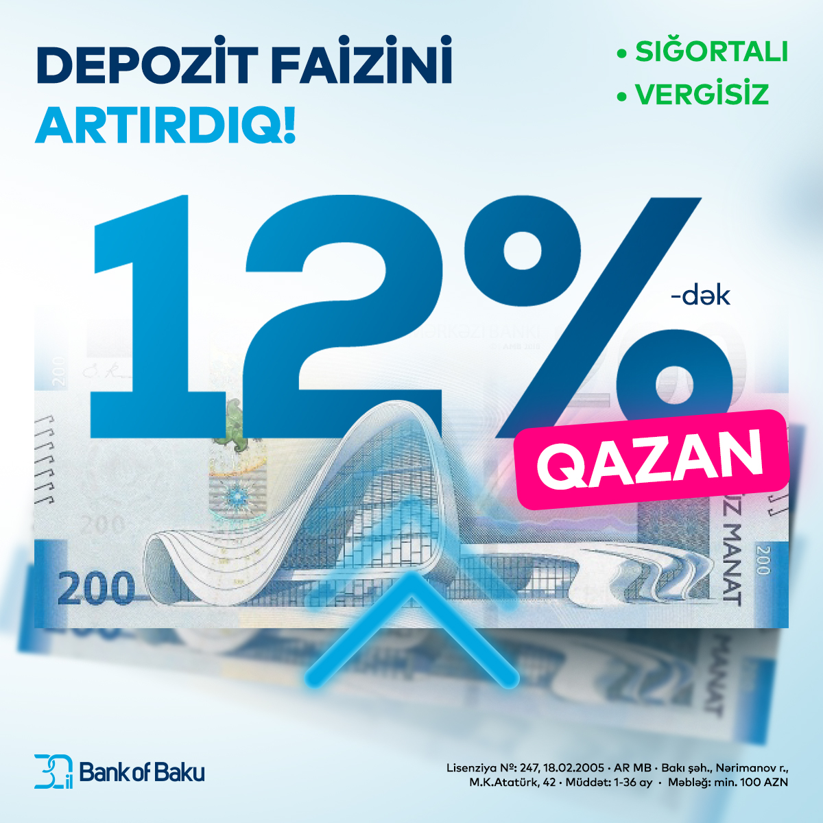 Bank of Baku əmanət faizini 12%-dək yüksəltdi