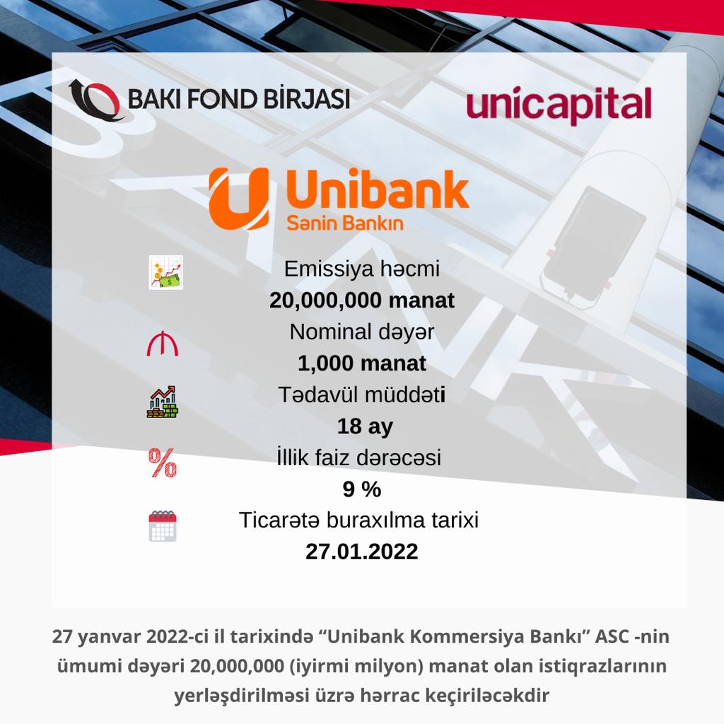 “Unibank Kommersiya Bankı” ASC-nin istiqrazlarının yerləşdirilməsi üzrə hərrac keçiriləcək